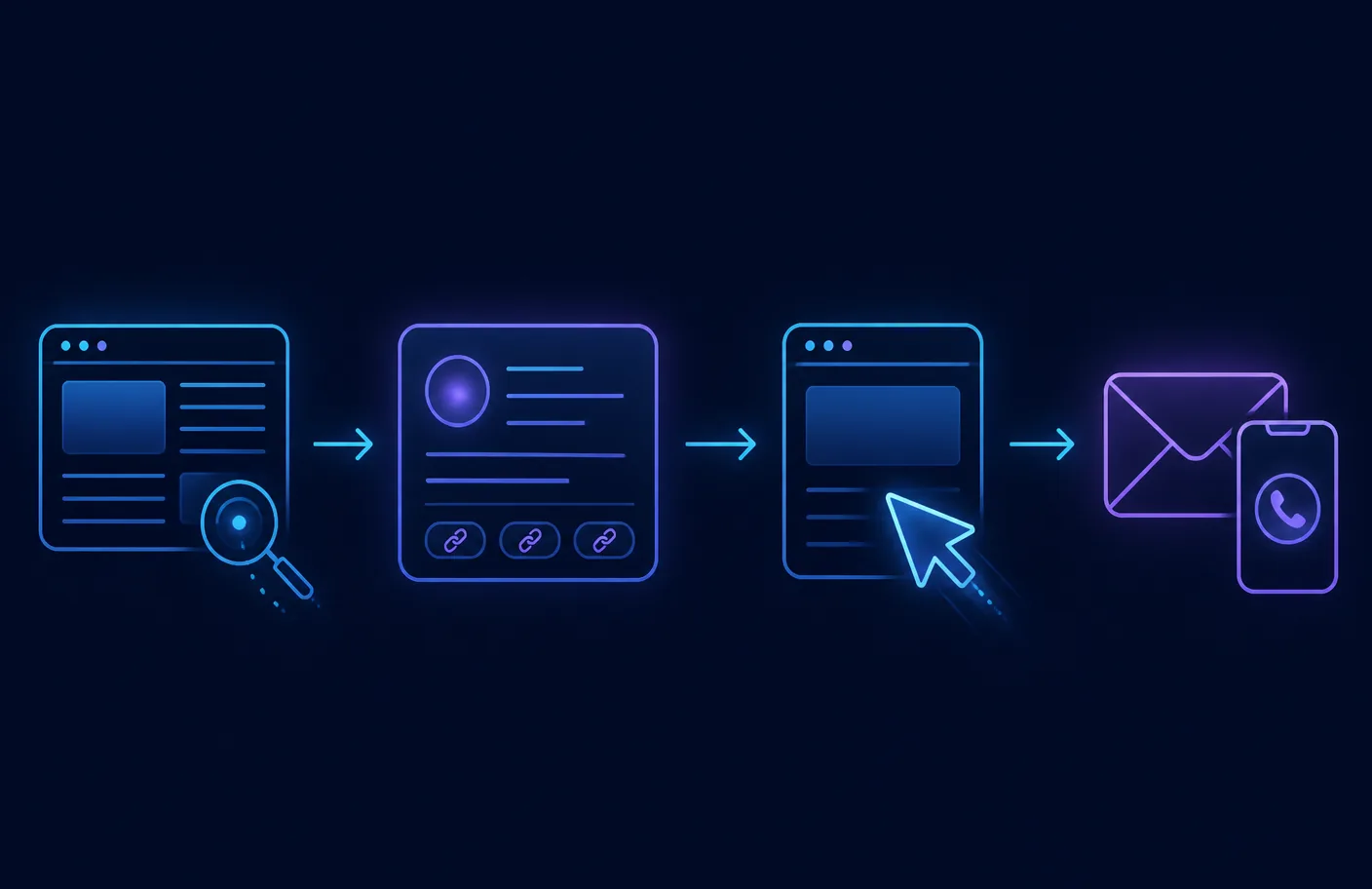 Four stages from website eligibility to AI visibility, visits, and business inquiries