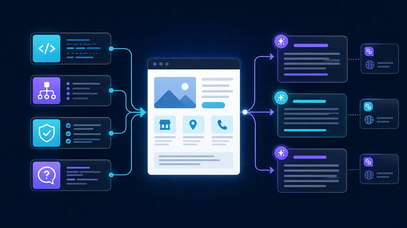 Service business webpage connected to structured source inputs and AI answer citations