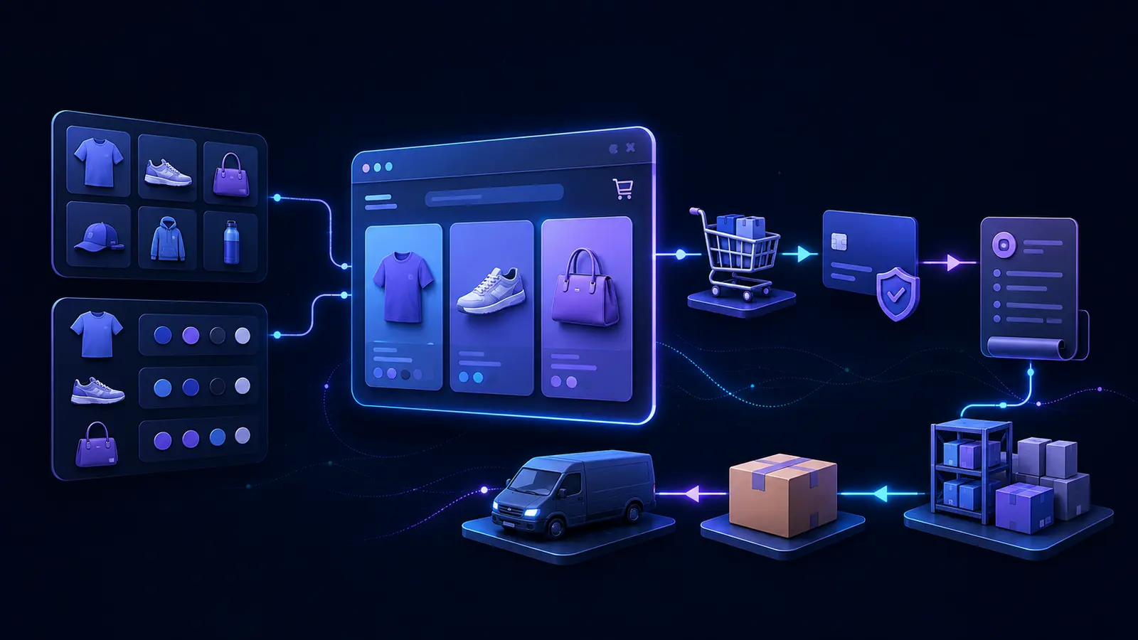 Online store connected to product catalog, checkout, inventory, orders, and fulfillment