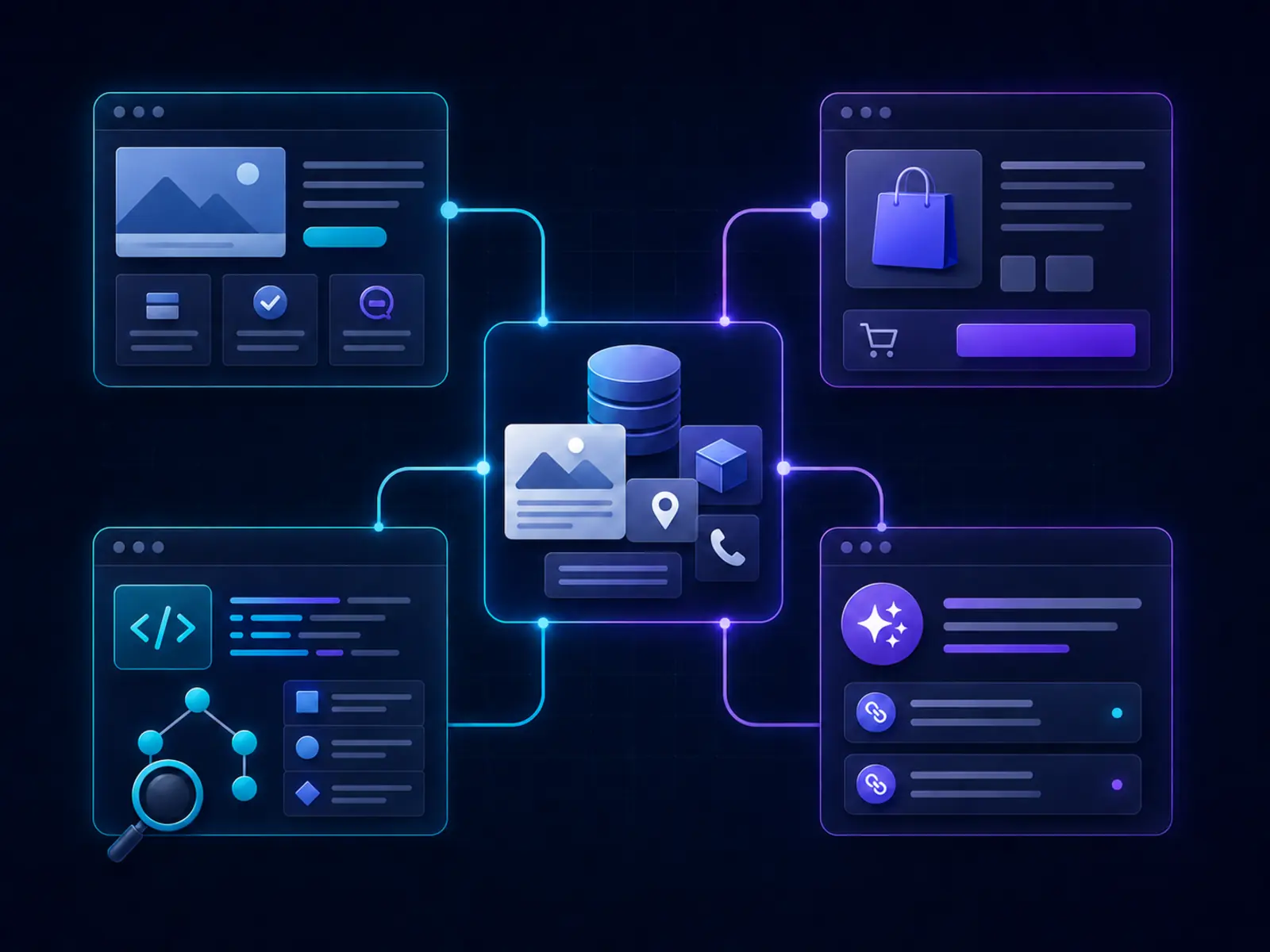 Connected website, ecommerce, SEO, and AI search system sharing business and product information