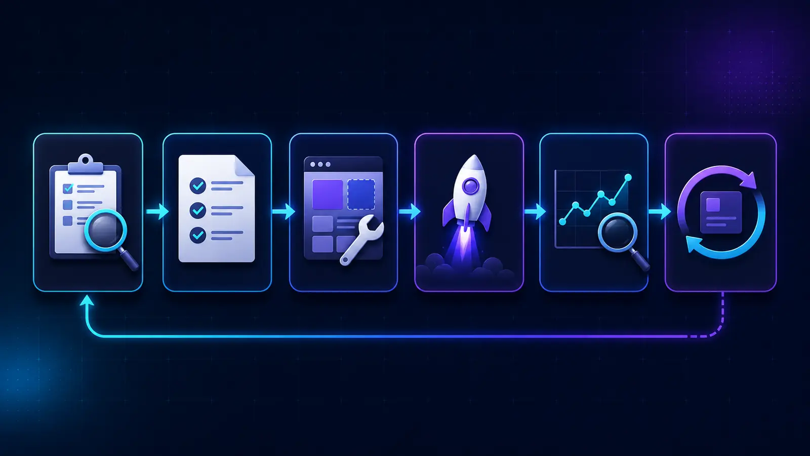 Six-stage workflow from reviewing the starting point through scope, build, launch, measurement, and iteration