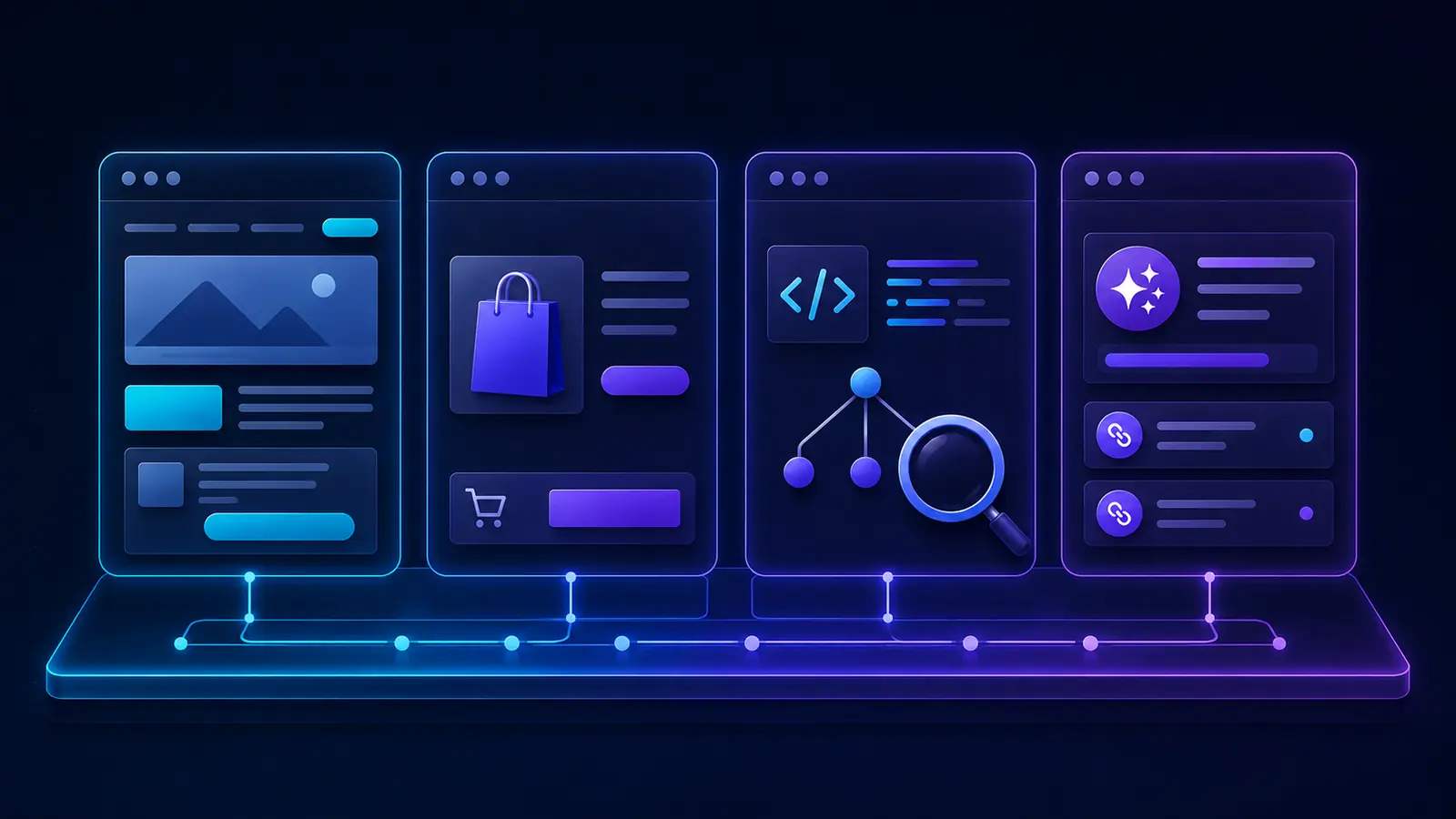 Four connected service pillars for website development, ecommerce, SEO, and AI Search Visibility