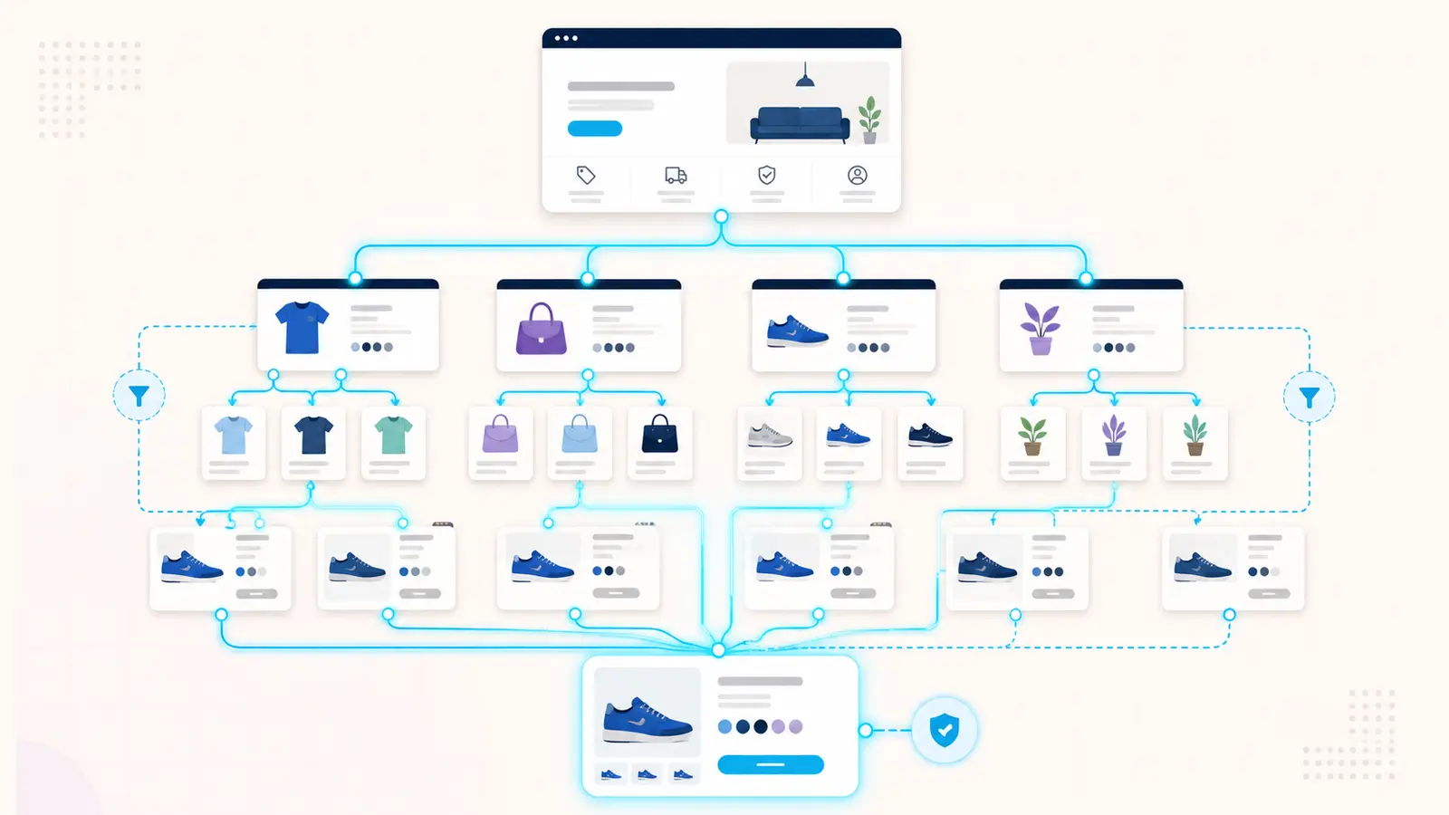 Diagram of crawl paths through an online store from home page to collections, products, variants, and filtered URLs